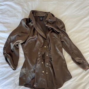 BCBG Olive/ Brown Ruffled 3/4 Sleeve satin Blouse